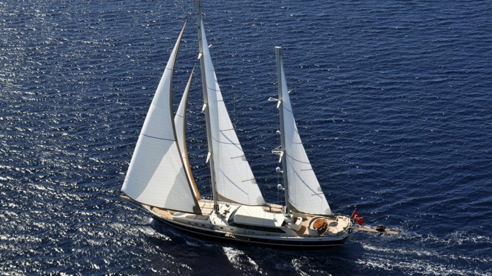 Top view of luxury gulet Dolce Mare. The sails are up. The weather is nice